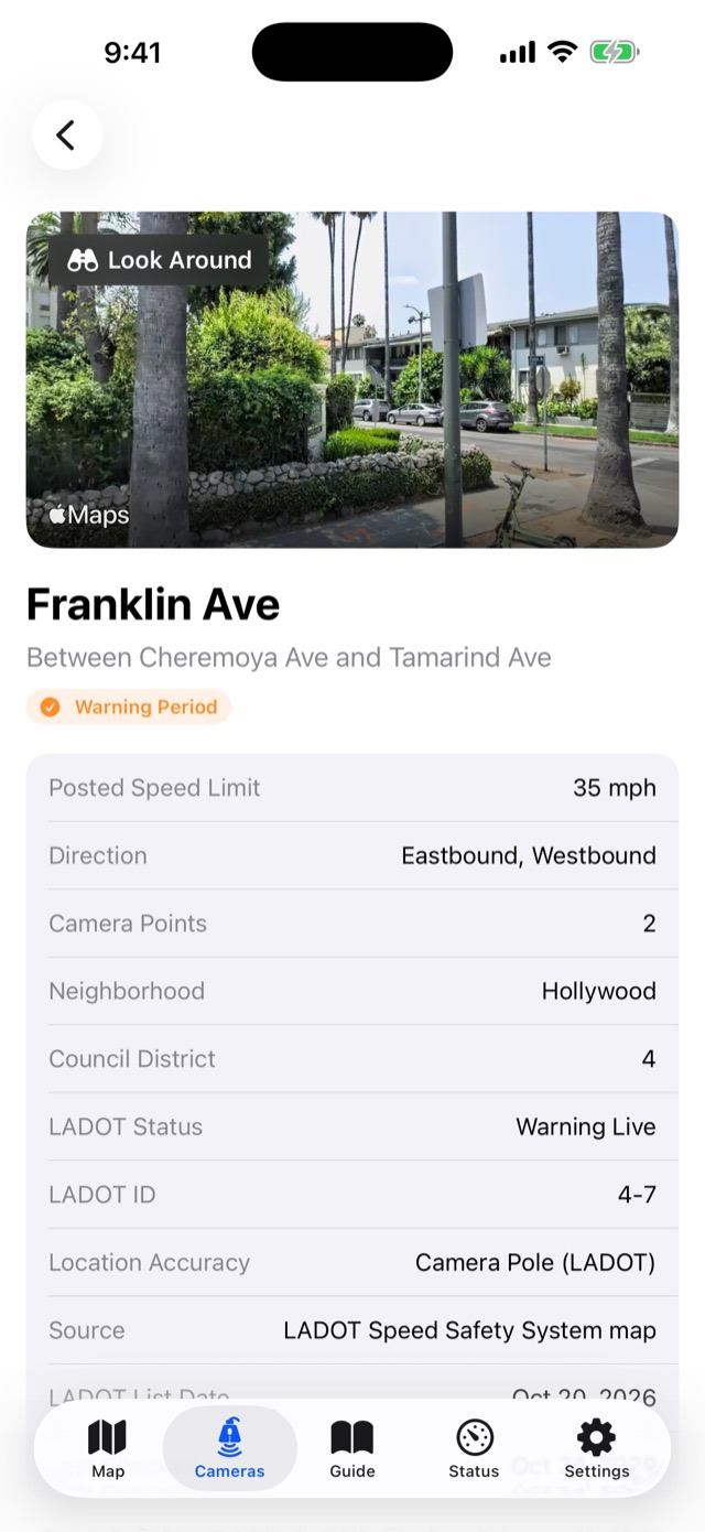 Speed Alert LA screen: Camera details