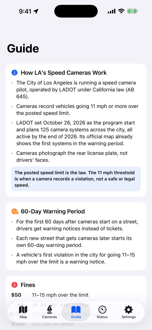 Speed Alert LA screen: Know the rules